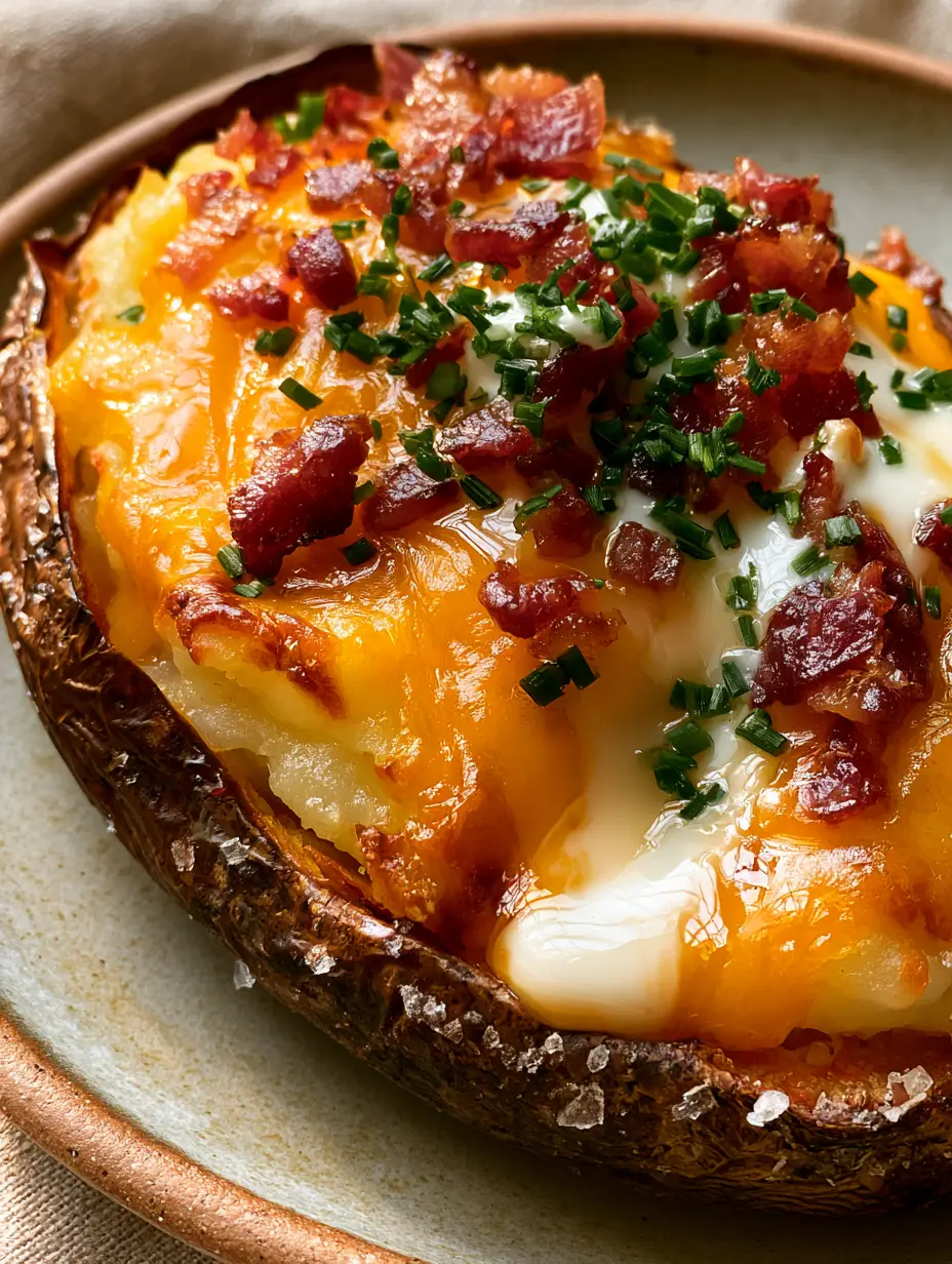 Extreme macro photo of bubbling melted sharp orange cheddar cheese on a potato. (cheesy stuffed potatoes)