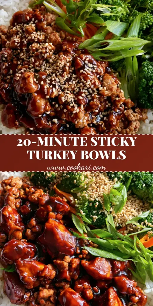 A top-down view of ground turkey teriyaki rice bowls featuring mahogany glazed turkey, emerald broccoli, and jasmine rice in a white bowl.