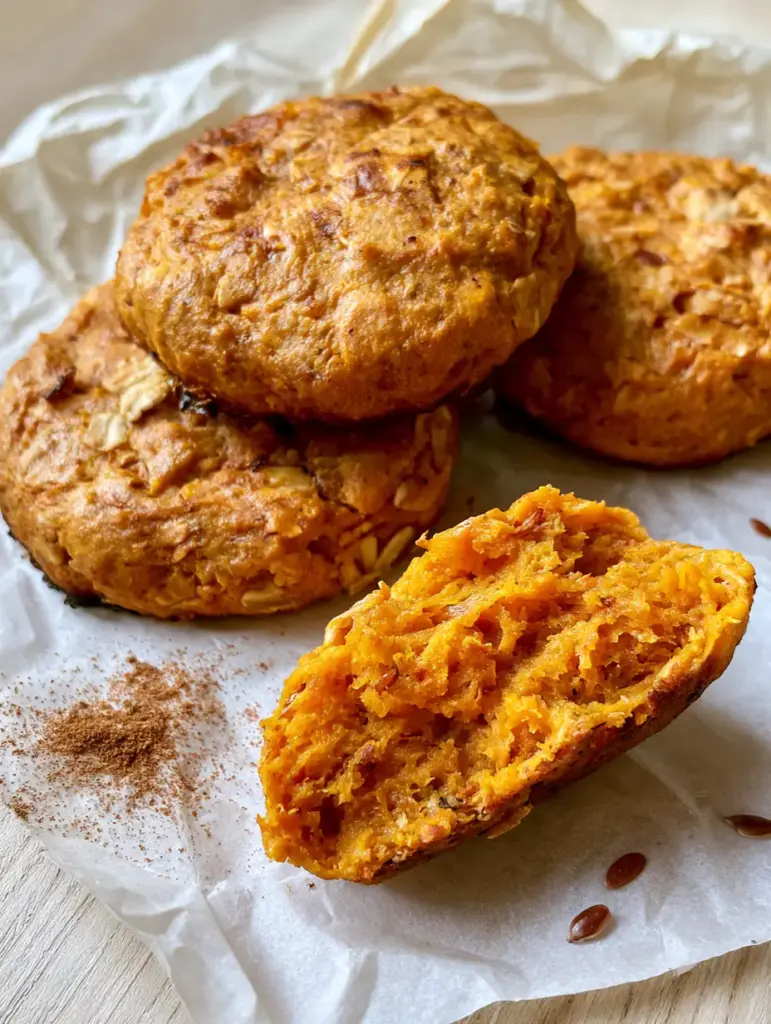 A top-down macro shot of three thick, soft-baked Sweet Potato Breakfast Cookies on crumpled white parchment paper.