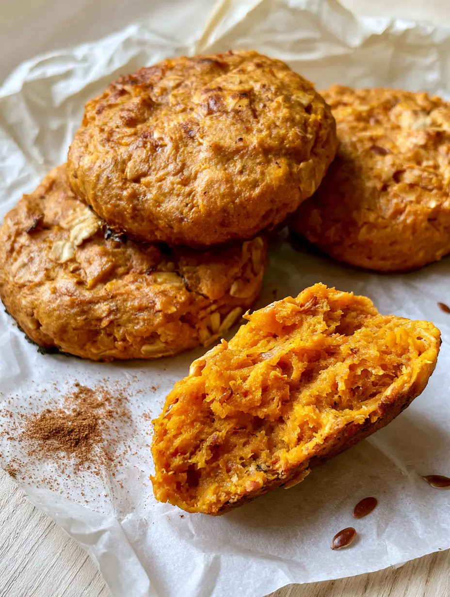 A top-down macro shot of three thick, soft-baked Sweet Potato Breakfast Cookies on crumpled white parchment paper.