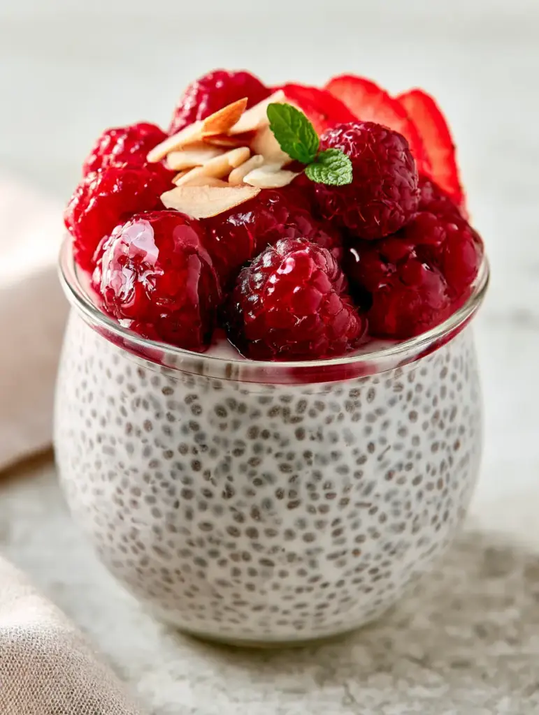 Chia pudding: The Ultimate Creamy Overnight Breakfast Guide 1 Side view of a glass jar filled with creamy white Chia pudding topped with red raspberries and mint.