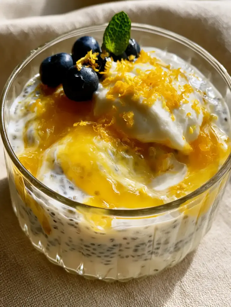 Macro photo of lemon cream chia pudding showing thick coconut milk base and suspended black chia seeds.