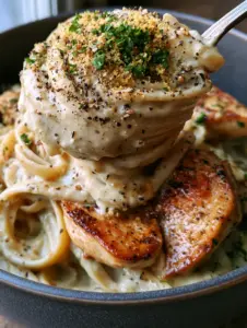 Extreme macro close-up of a fork lifting a thick swirl of paleo fettuccine coated in velvety ivory cashew cream sauce. (Paleo Chicken Alfredo)