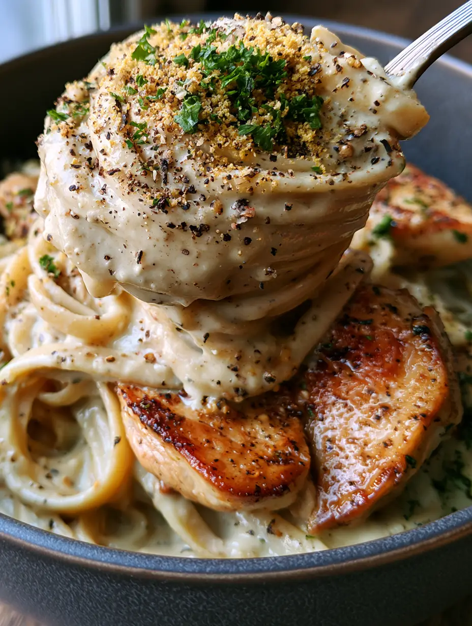 Extreme macro close-up of a fork lifting a thick swirl of paleo fettuccine coated in velvety ivory cashew cream sauce. (Paleo Chicken Alfredo)