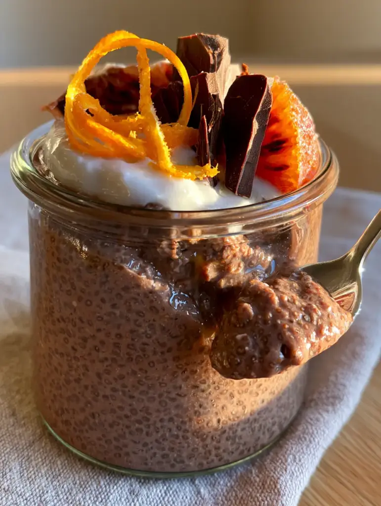 Close up of Chocolate Orange Chia Pudding showing aerated mousse texture, orange zest curls, and velvety coconut cream topping under soft morning sunlight.
