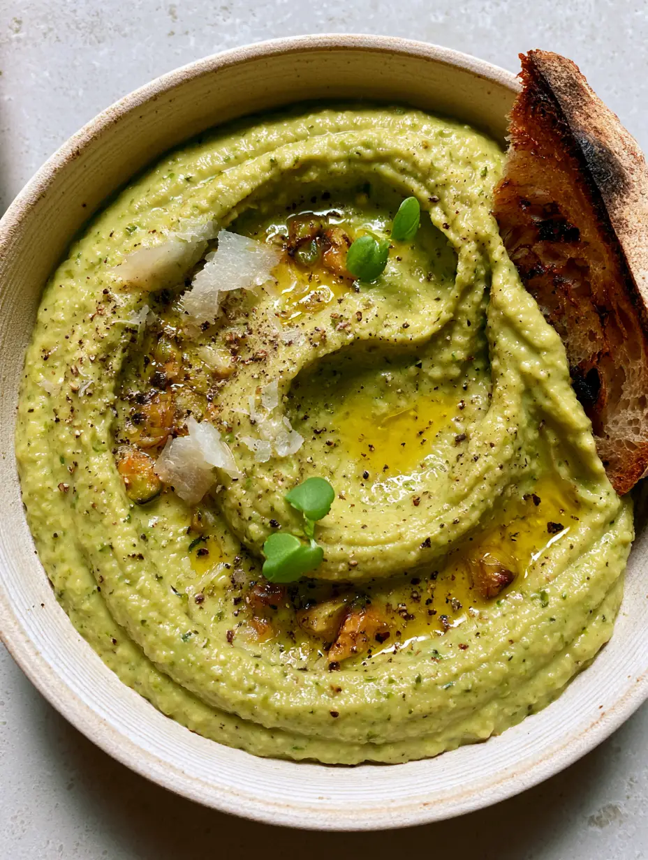 Top-down view of thick pale-green zucchini dip with heavy artisanal swirls and golden olive oil. (zucchini dip)