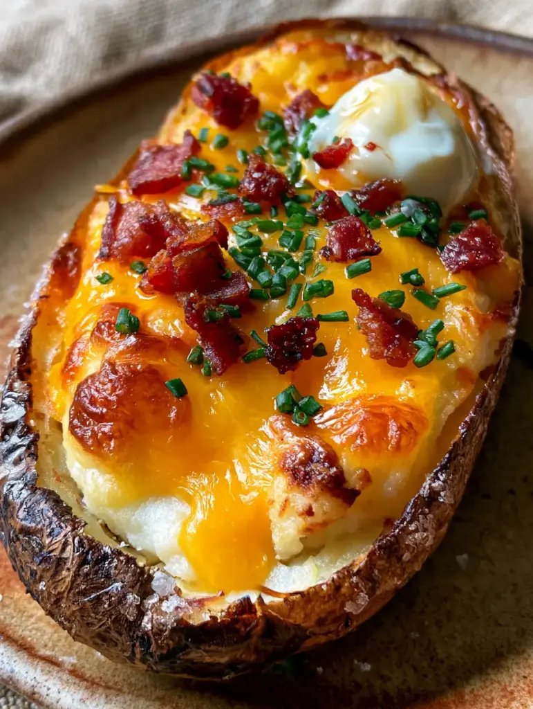 A single twice-baked potato sliced open on a rustic plate showing fluffy filling and crispy bacon bits. (cheesy stuffed potatoes)