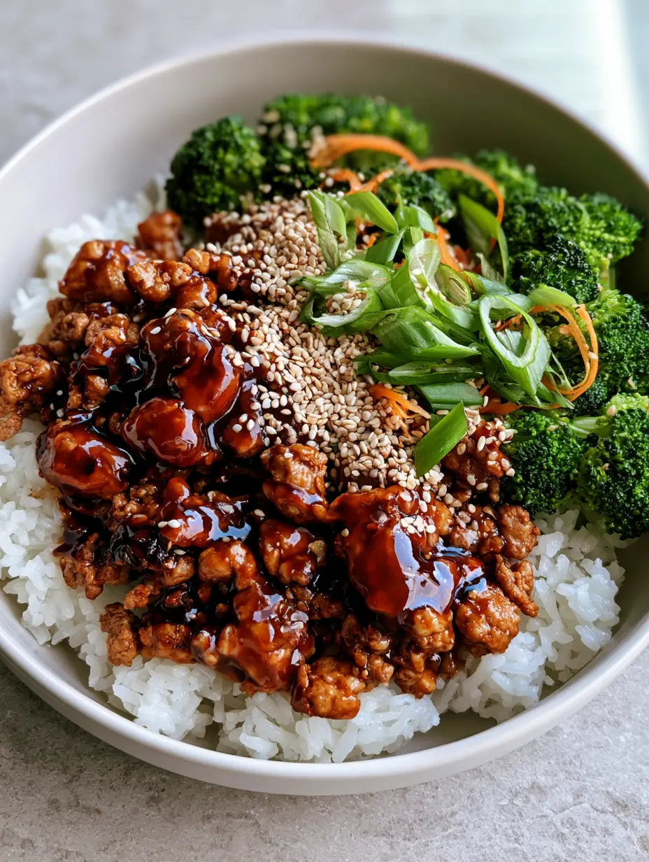 Close up of ground turkey teriyaki rice bowls showing the thick mahogany sauce and toasted sesame seeds.