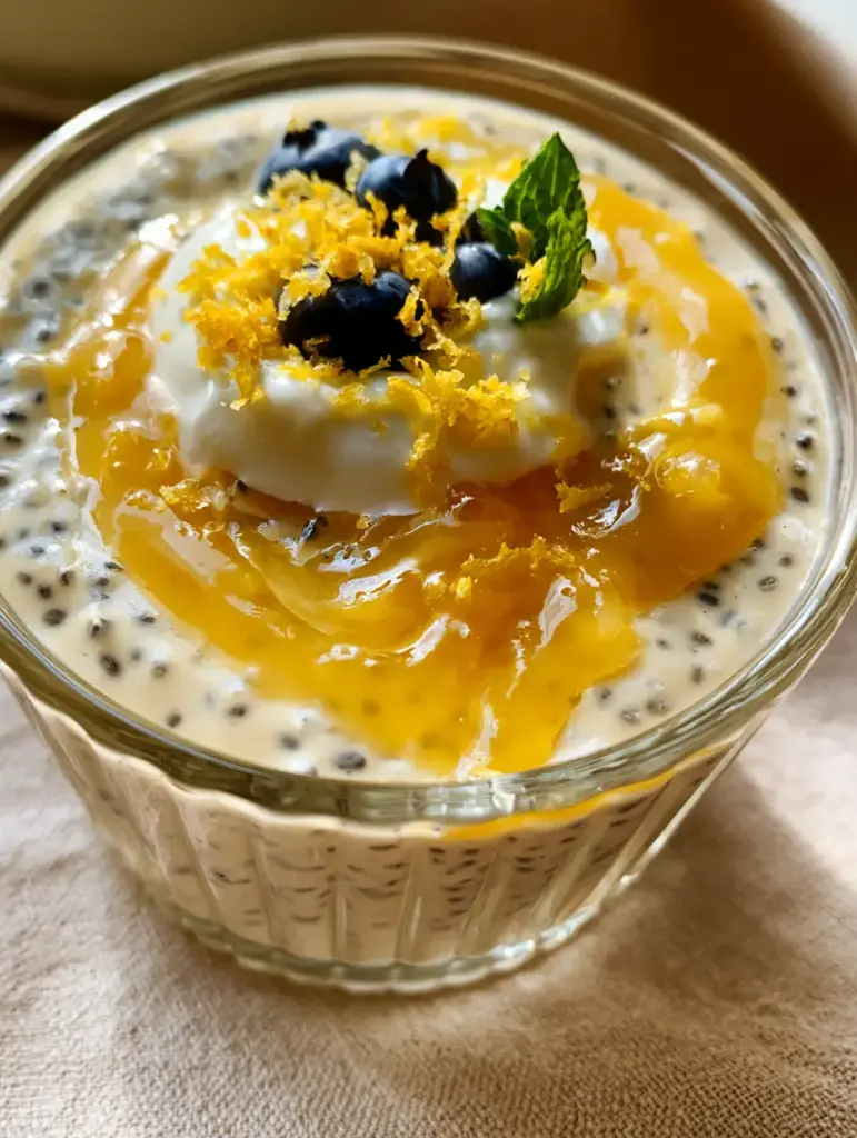 Lemon Cream Chia Pudding: The Ultimate Indulgent & Healthy Breakfast 1 Top view of lemon cream chia pudding with micro-planed zest, blueberries, and a mint leaf garnish.