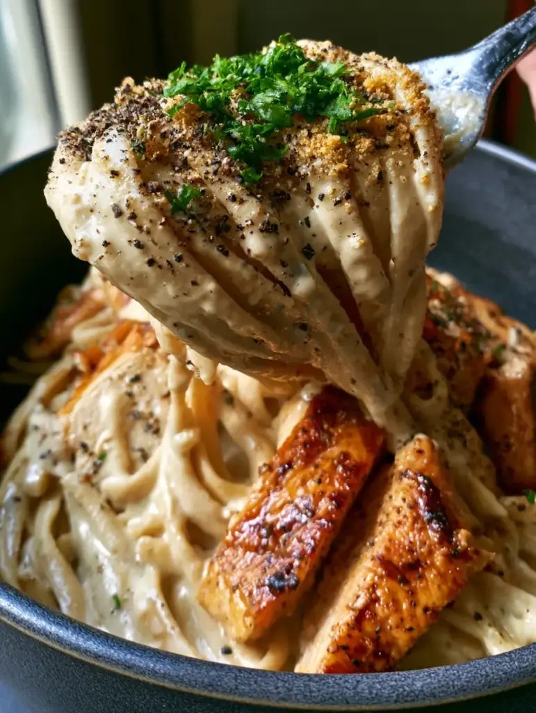 Macro shot of seared golden-brown chicken slices with cracked black pepper on top of a thick Paleo Chicken Alfredo.