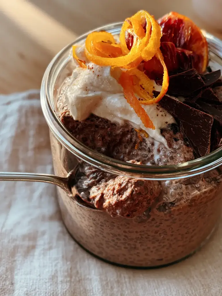 Minimalist clear glass jar of Chocolate Orange Chia Pudding on a linen napkin and oak table, featuring vibrant blood orange segments and dark chocolate shavings.