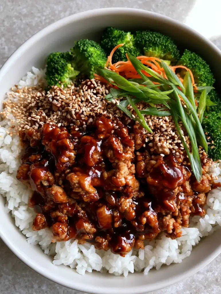 Vibrant emerald broccoli and seared turkey crumbles in ground turkey teriyaki rice bowls.