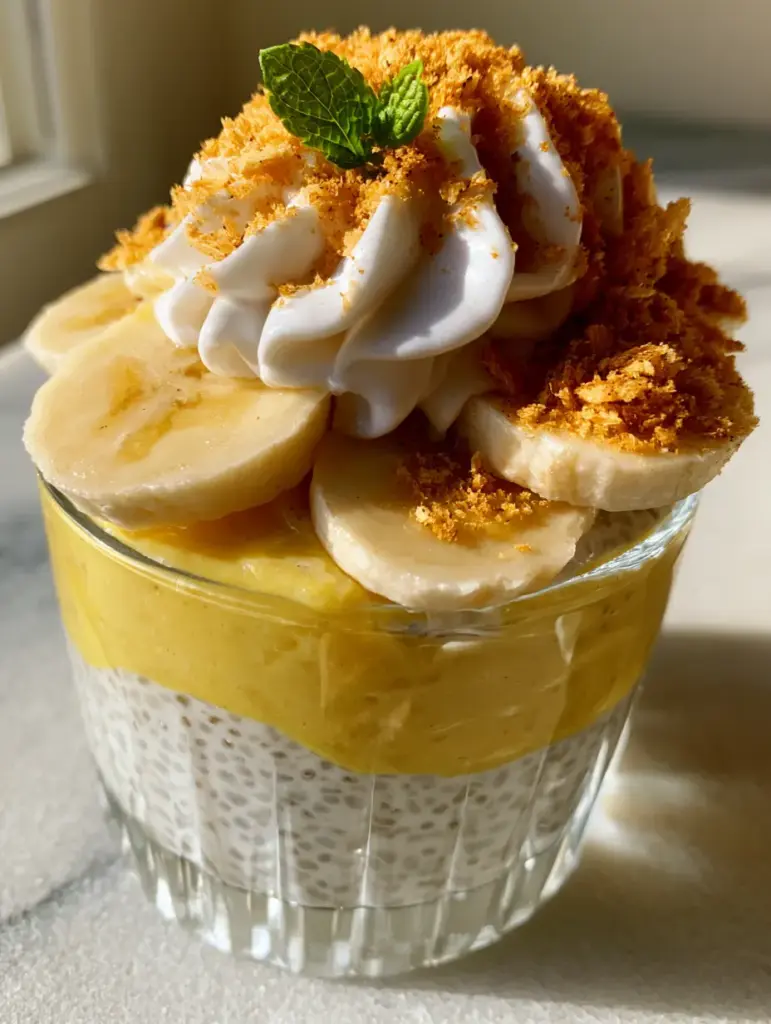 Macro photo of layered banana cream pie chia pudding showing the white chia base and yellow custard layer.