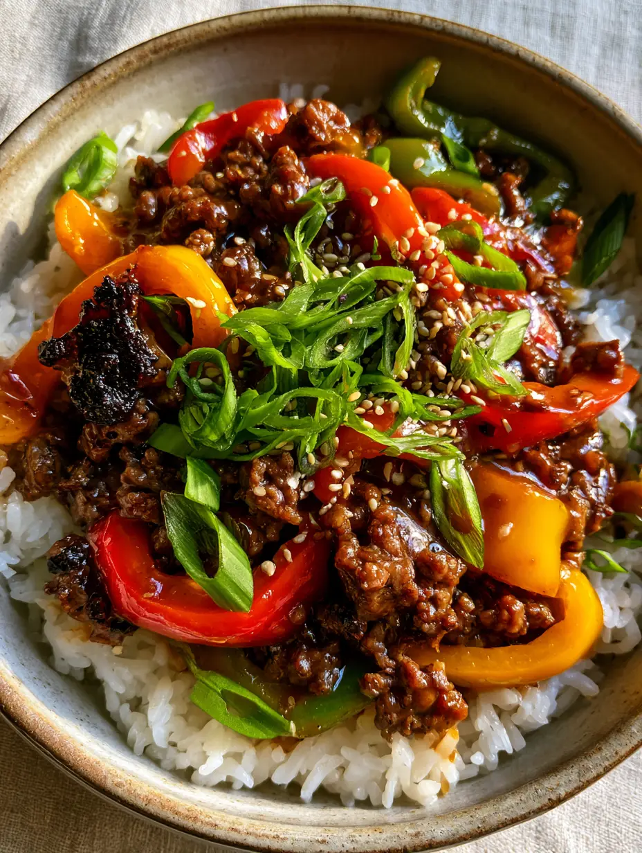 Close up shot of crispy seared ground beef and blistered bell peppers in a glossy mahogany glaze for a Beef and Pepper Rice Bowl.