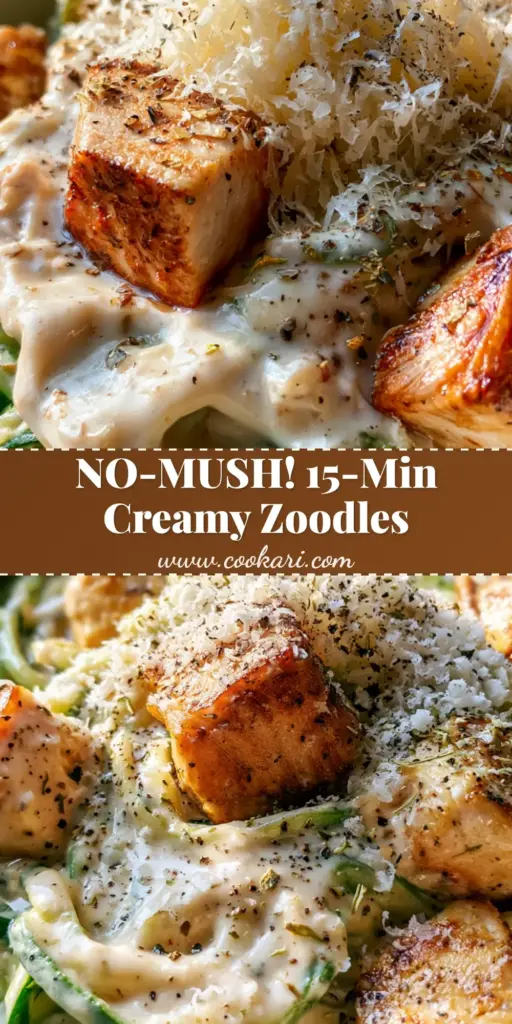A shallow matte white bowl featuring vibrant green zucchini noodle chicken alfredo with ivory sauce and seared chicken.