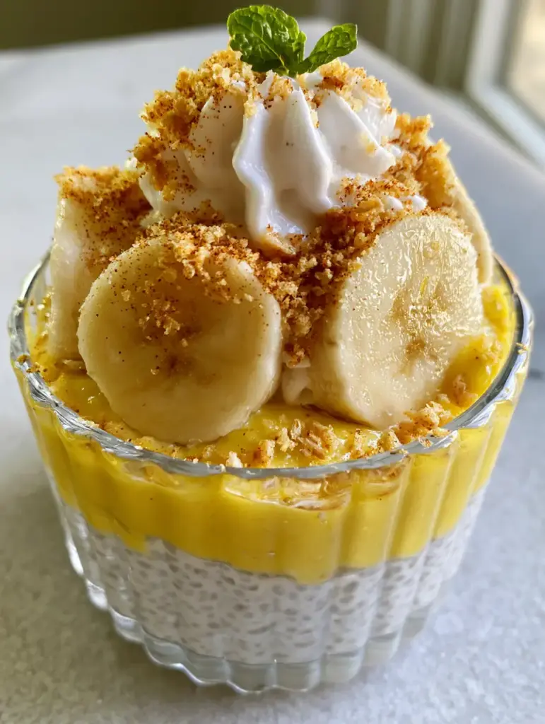 Close up of the top of the banana cream pie chia pudding with mint leaf and vanilla wafer crumbles.