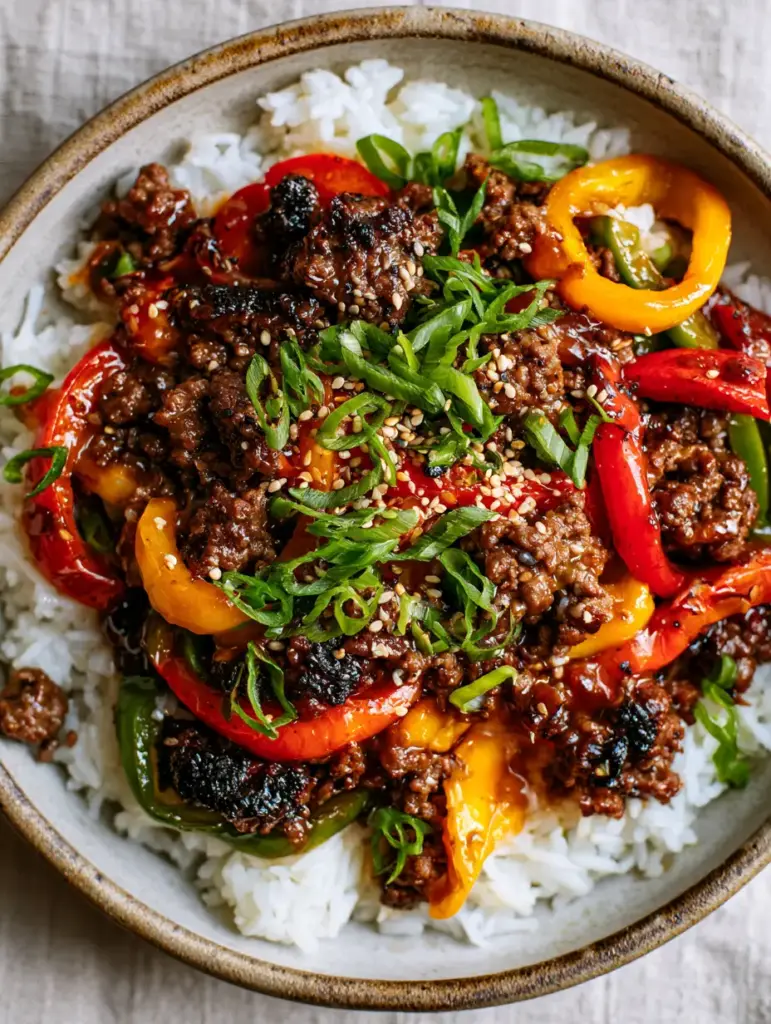 A shallow rustic ceramic bowl filled with a Beef and Pepper Rice Bowl, garnished with scallions and toasted sesame seeds.