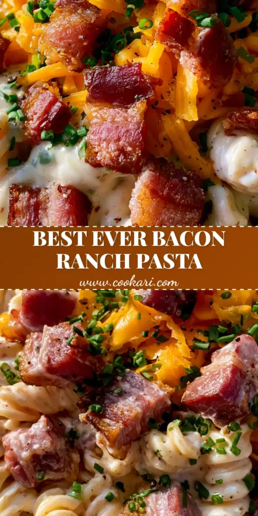 Bacon Cheddar Ranch Pasta Salad with Crispy Smoked Bacon 4 A top-down smartphone photo of creamy bacon cheddar ranch pasta salad in a wooden bowl with thick ivory sauce and orange cheese.