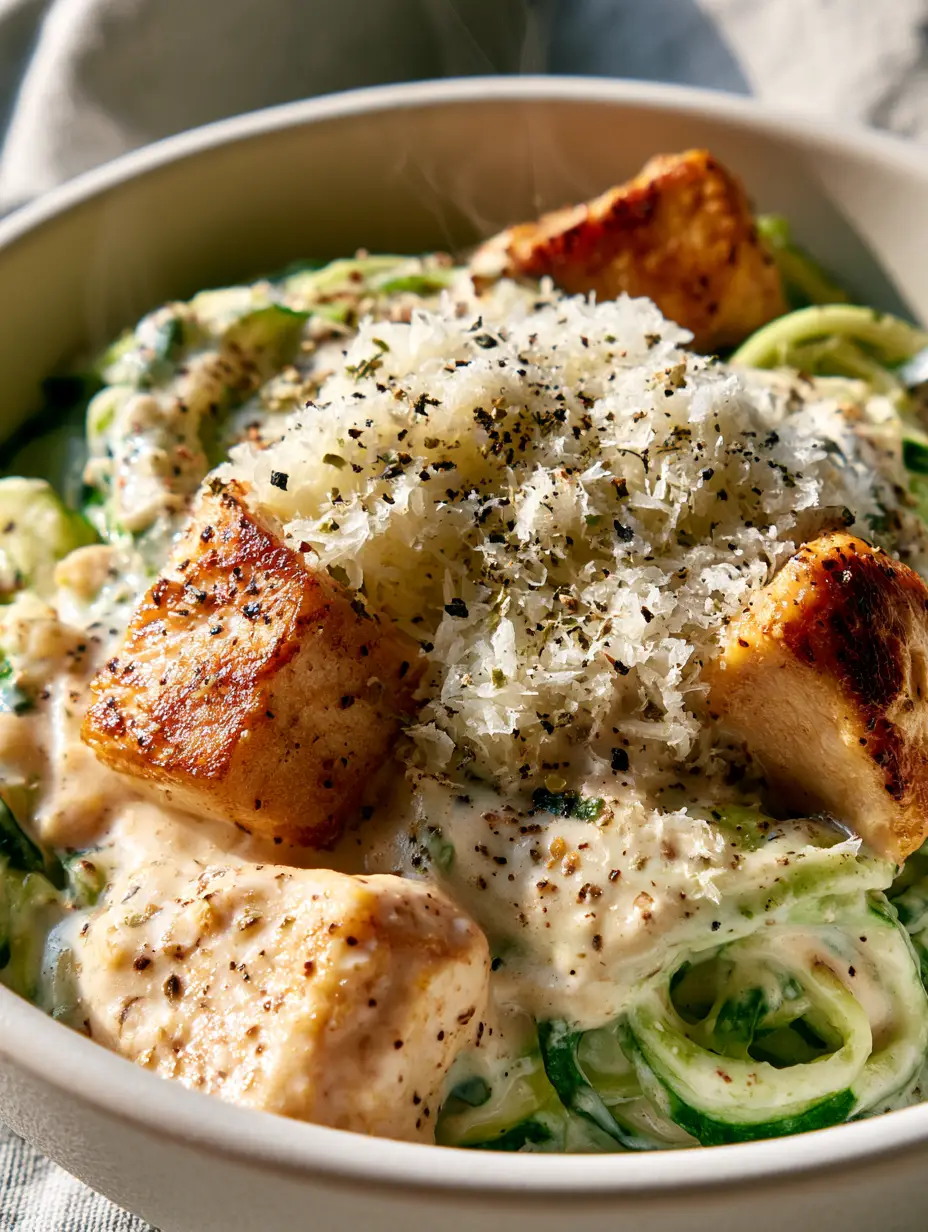 Extreme close-up of zucchini noodle chicken alfredo showing ivory cream sauce and golden-brown seared chicken cubes.