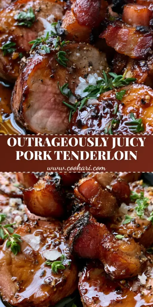 Close-up of sliced Bacon Brown Sugar Pork Tenderloin medallions in a cast iron skillet with glistening balsamic glaze and crispy bacon bits.