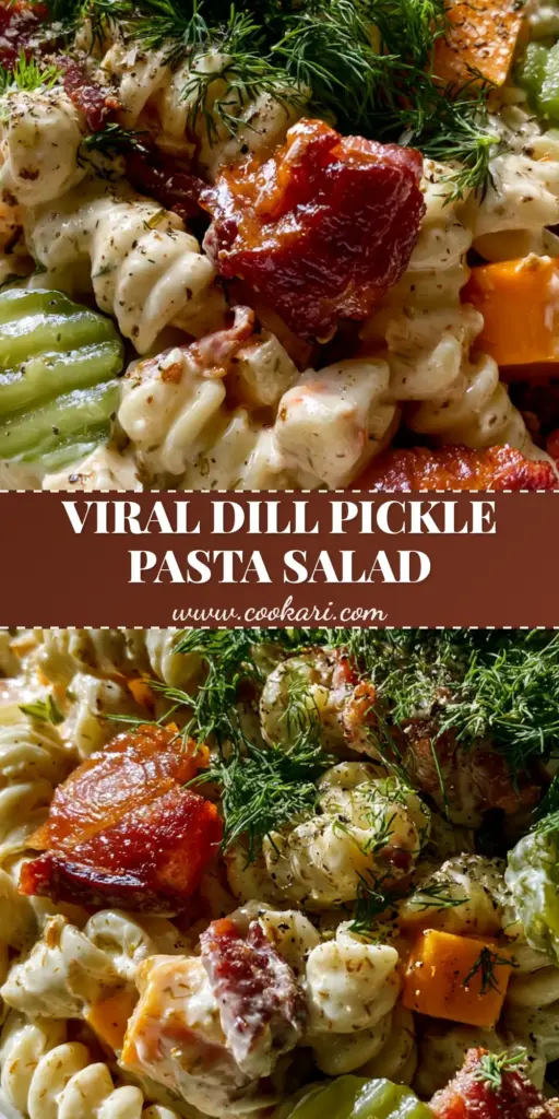 A close-up shot of Dill Pickle Bacon Pasta Salad in a white bowl with rotini, crinkle-cut pickles, and fresh dill.