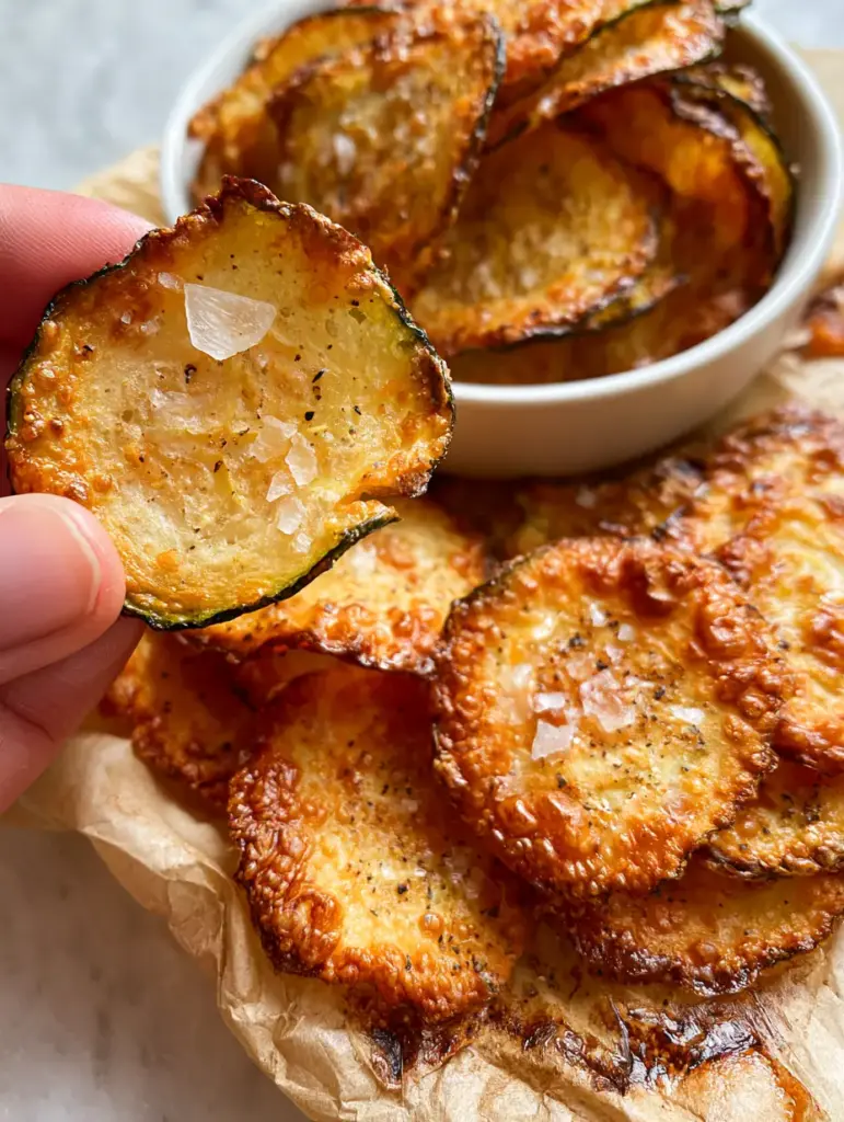 Close-up of paper-thin Cucumber Chips showing the vegetable fibers and microscopic vinegar droplets on parchment paper.