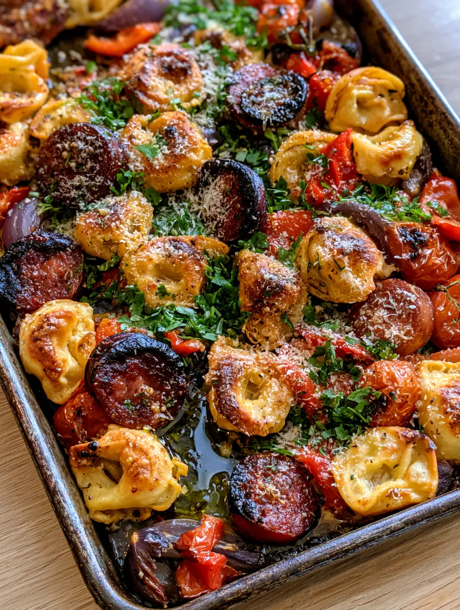 Close up of blistered cherry tomatoes and golden cheese tortellini in a sheet pan kielbasa and tortellini dinner.