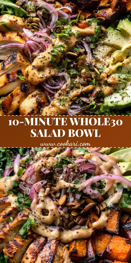 Whole30 Salad Bowl with Seared Chicken and Roasted Sweet Potatoes 4 A vibrant Whole30 salad bowl with seared chicken, caramelized sweet potatoes, and avocado in a rustic ceramic bowl.