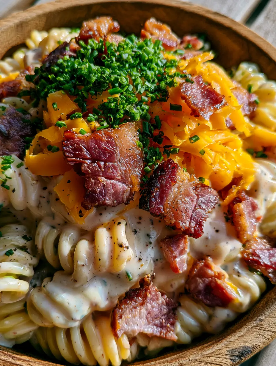 Bacon Cheddar Ranch Pasta Salad with Crispy Smoked Bacon 3 Extreme close-up of rotini pasta drenched in glossy ranch dressing with large bacon chunks and orange cheddar (bacon cheddar ranch pasta salad).