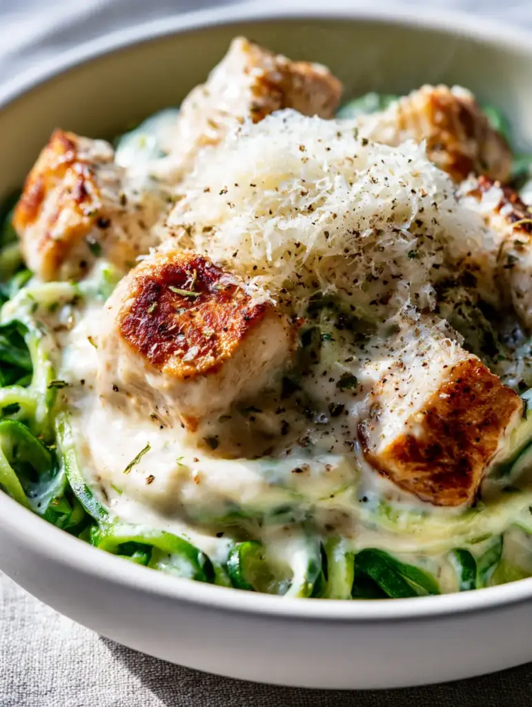 Side view of zucchini noodle chicken alfredo garnished with coarse cracked black pepper and dried Italian herb flakes.