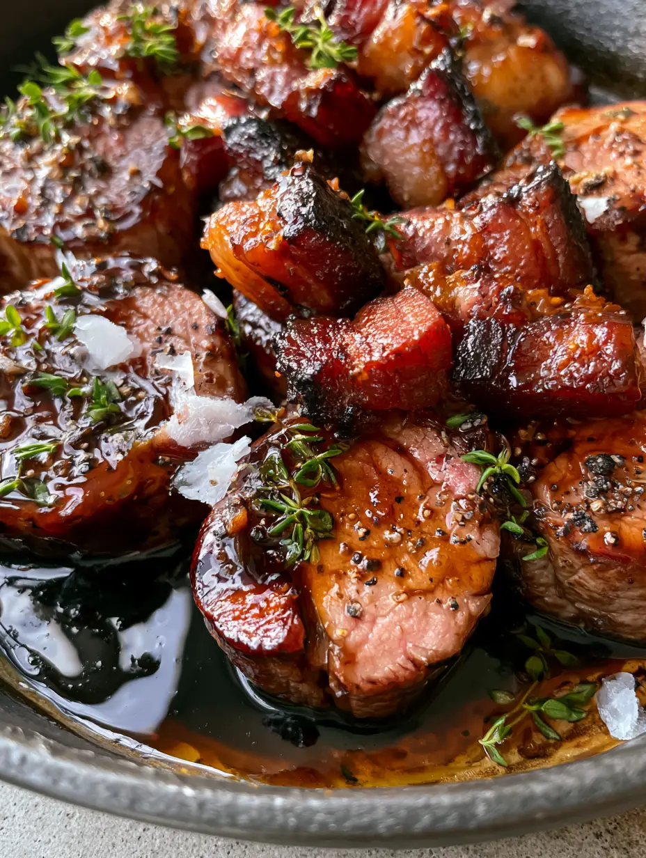 Extreme close-up of succulent Bacon Brown Sugar Pork Tenderloin showing a medium pink center and thick caramelized glaze.