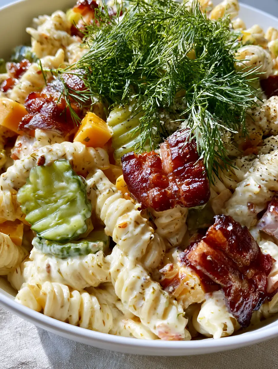 Macro photo of Dill Pickle Bacon Pasta Salad showing the glossy herb-infused dressing and crispy bacon chunks.
