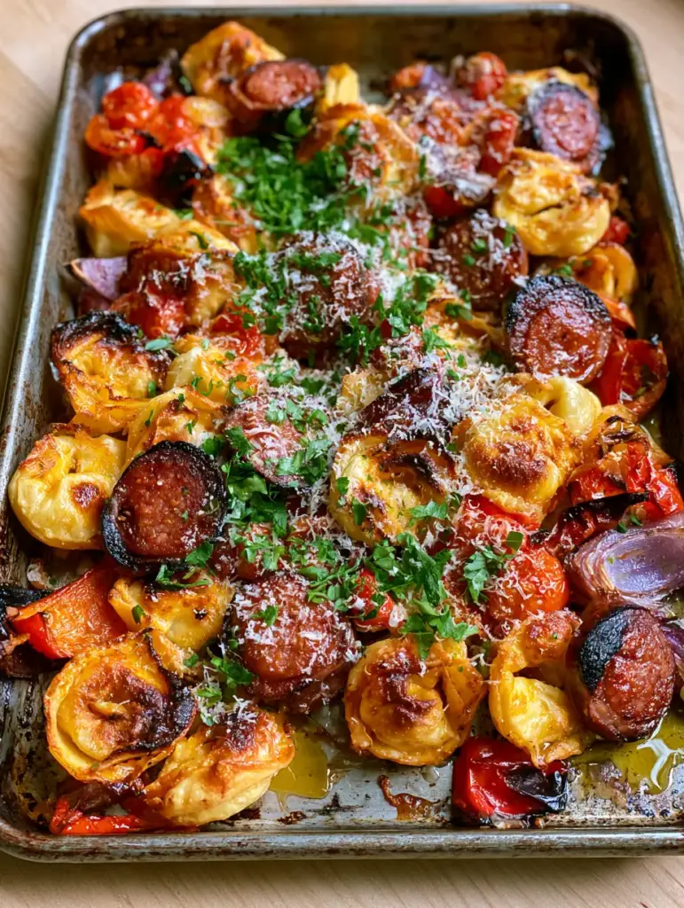 Overhead view of a weathered sheet pan with charred kielbasa, red peppers, and parmesan-dusted tortellini.