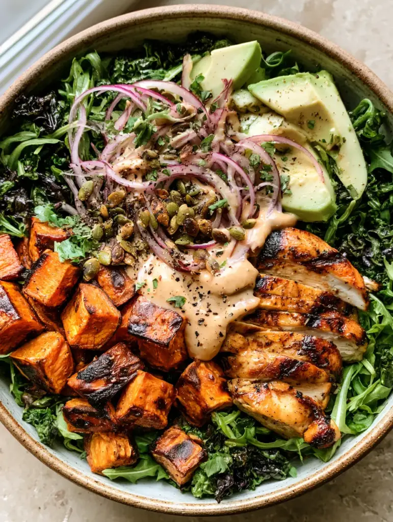 Whole30 Salad Bowl with Seared Chicken and Roasted Sweet Potatoes 2 Top-down view of a Whole30 salad bowl featuring massaged kale, arugula, and seared chicken strips. (Whole30 salad bowl)