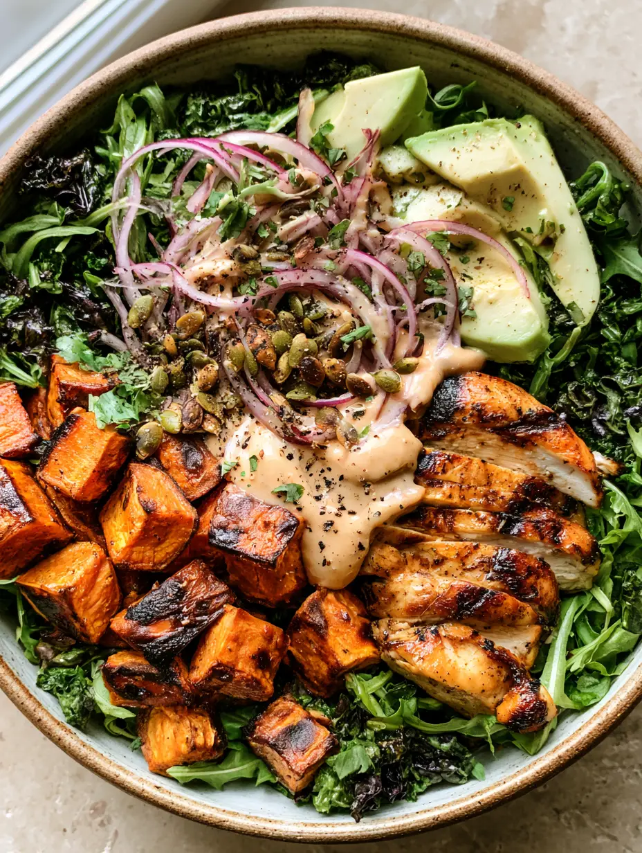 Whole30 Salad Bowl with Seared Chicken and Roasted Sweet Potatoes 3 Top-down view of a Whole30 salad bowl featuring massaged kale, arugula, and seared chicken strips. (Whole30 salad bowl)