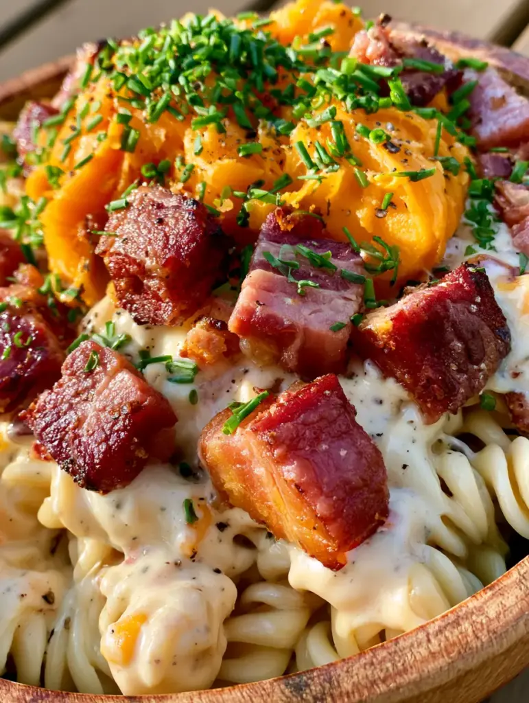Bacon Cheddar Ranch Pasta Salad with Crispy Smoked Bacon 1 Smartphone photo showing thick-grated sharp heritage orange cheddar and crispy smoked bacon over pasta salad.