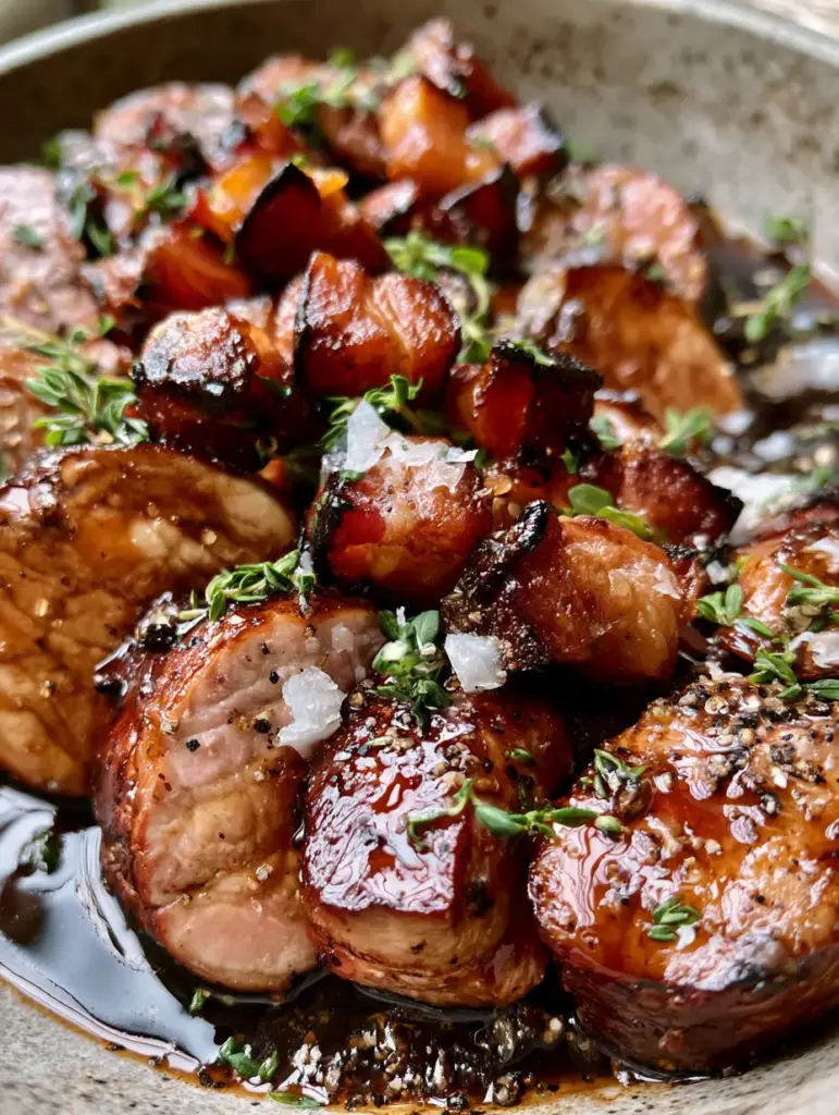 Mahogany charred crispy bacon bits and fresh thyme scattered over a roasted Bacon Brown Sugar Pork Tenderloin.