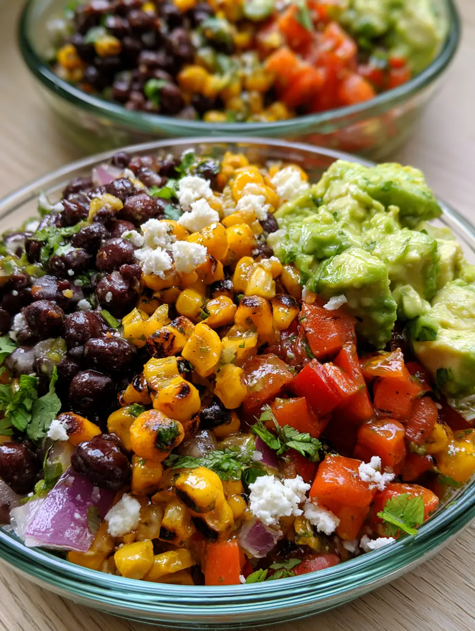 Macro photography of a Loaded Cowboy Salad showing the shimmer of the lime vinaigrette on fire-roasted corn and glossy black beans.