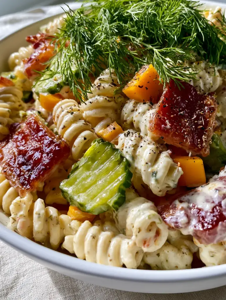 Dill Pickle Bacon Pasta Salad topped with fresh feathery dill sprigs and sharp orange cheddar cubes.