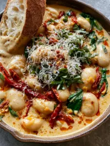 Top down view of tuscan marry me butter beans in a silky cream sauce with vibrant spinach and red tomatoes.