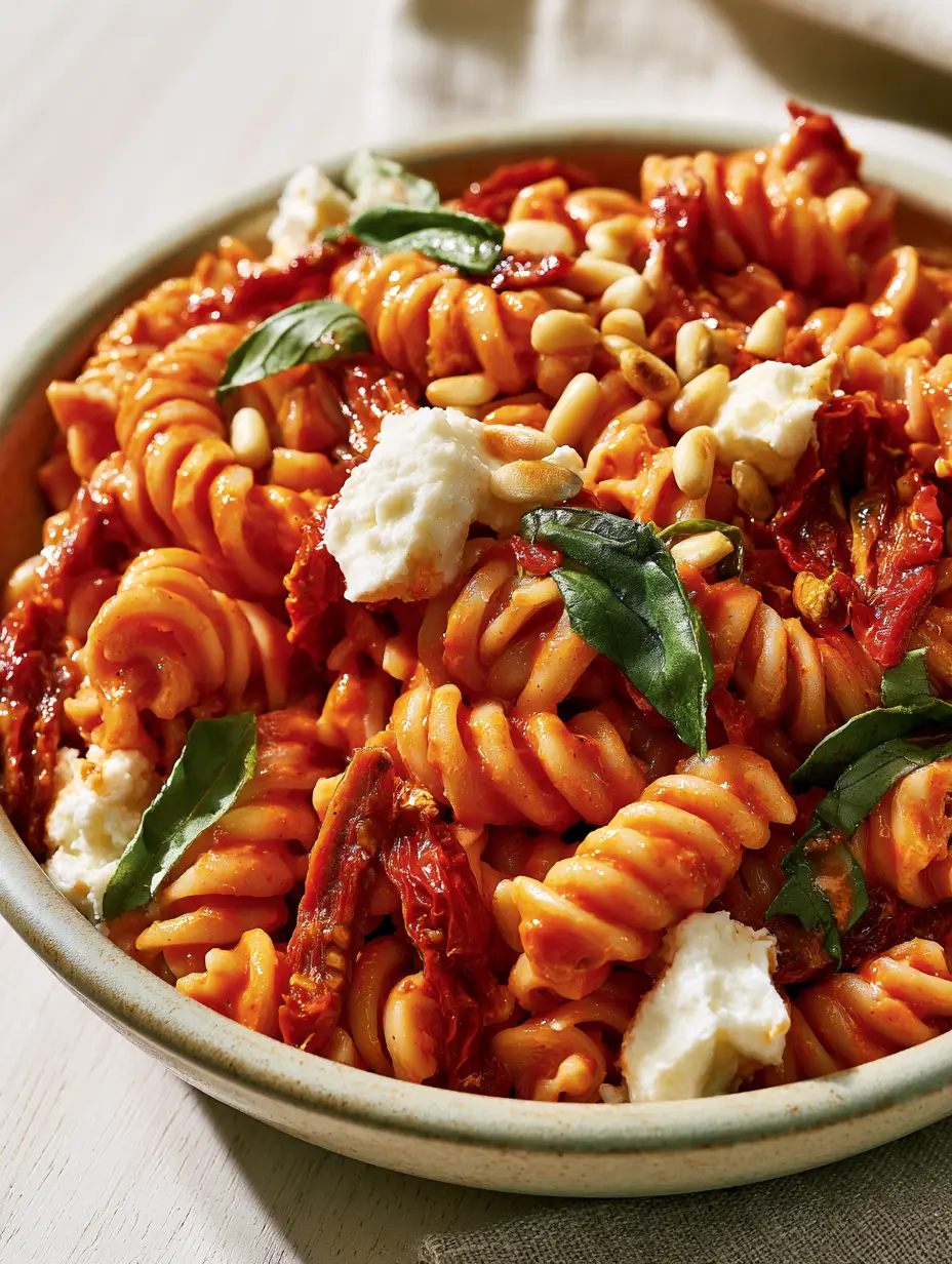 Macro eye-level close-up of Sun-Dried Tomato Pasta Salad showing fusilli drenched in vibrant reddish-orange dressing and moist feta chunks.