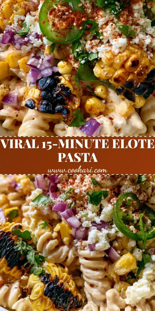 A top-down view of a vibrant grilled corn elote pasta salad featuring charred corn, cotija cheese, and Tajin seasoning.