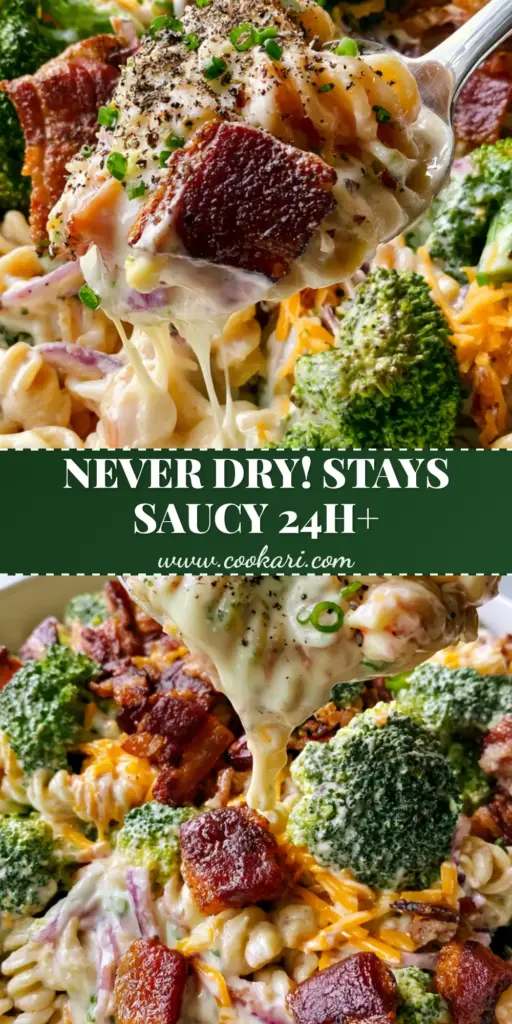 A close-up vertical shot of creamy bacon broccoli pasta salad with rotini, vibrant green broccoli, and thick bacon chunks, topped with chives.