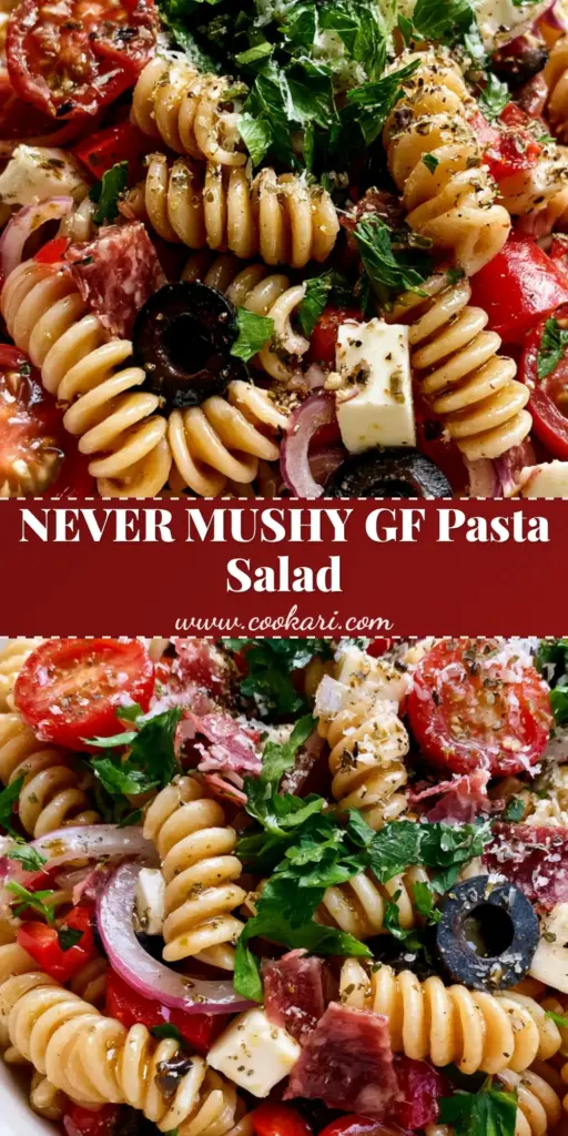 A high-angle close-up of gluten-free Italian pasta salad in a white bowl showing glossy rotini, tomatoes, and salami.