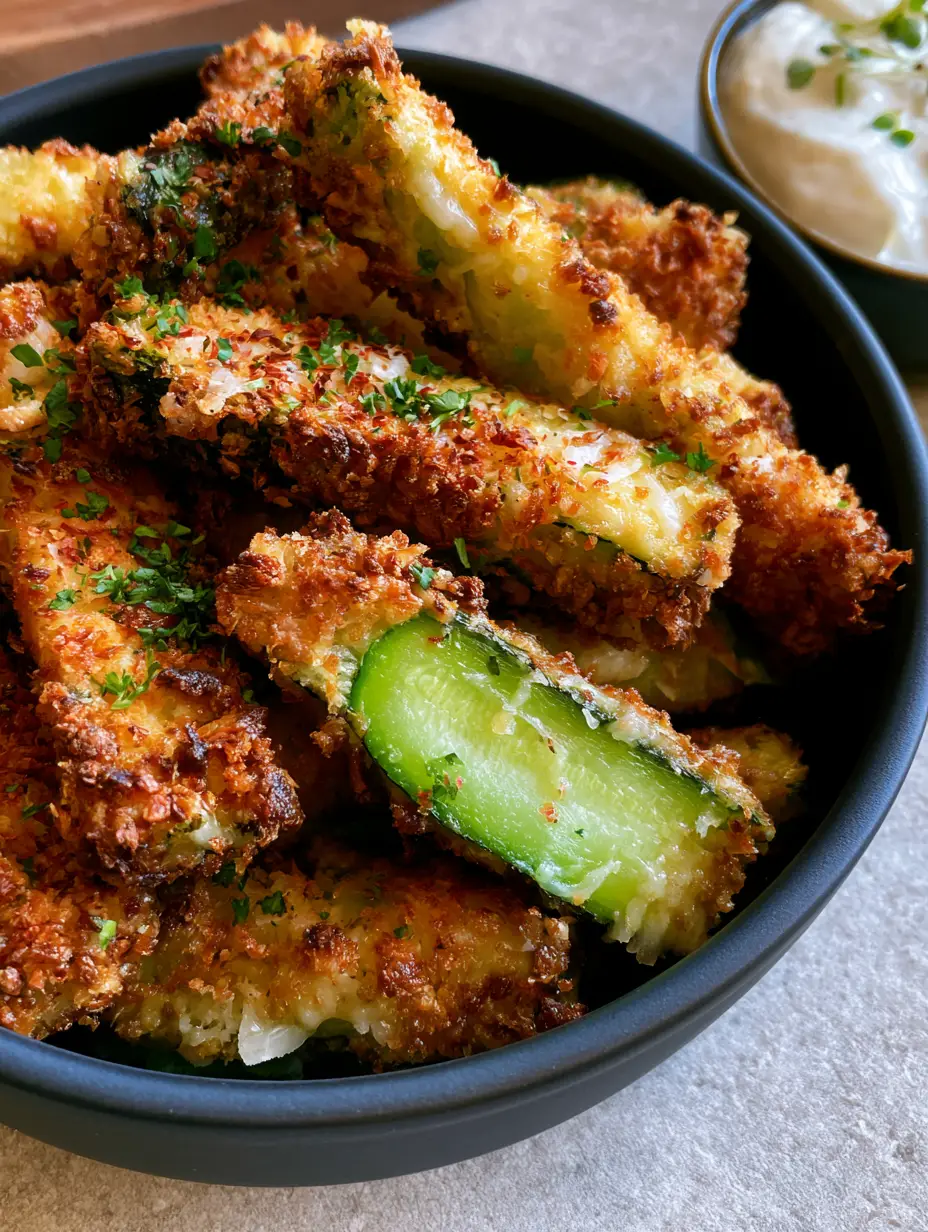 Extreme close-up of jagged breaded zucchini crust with melted parmesan and parsley. (breaded zucchini)