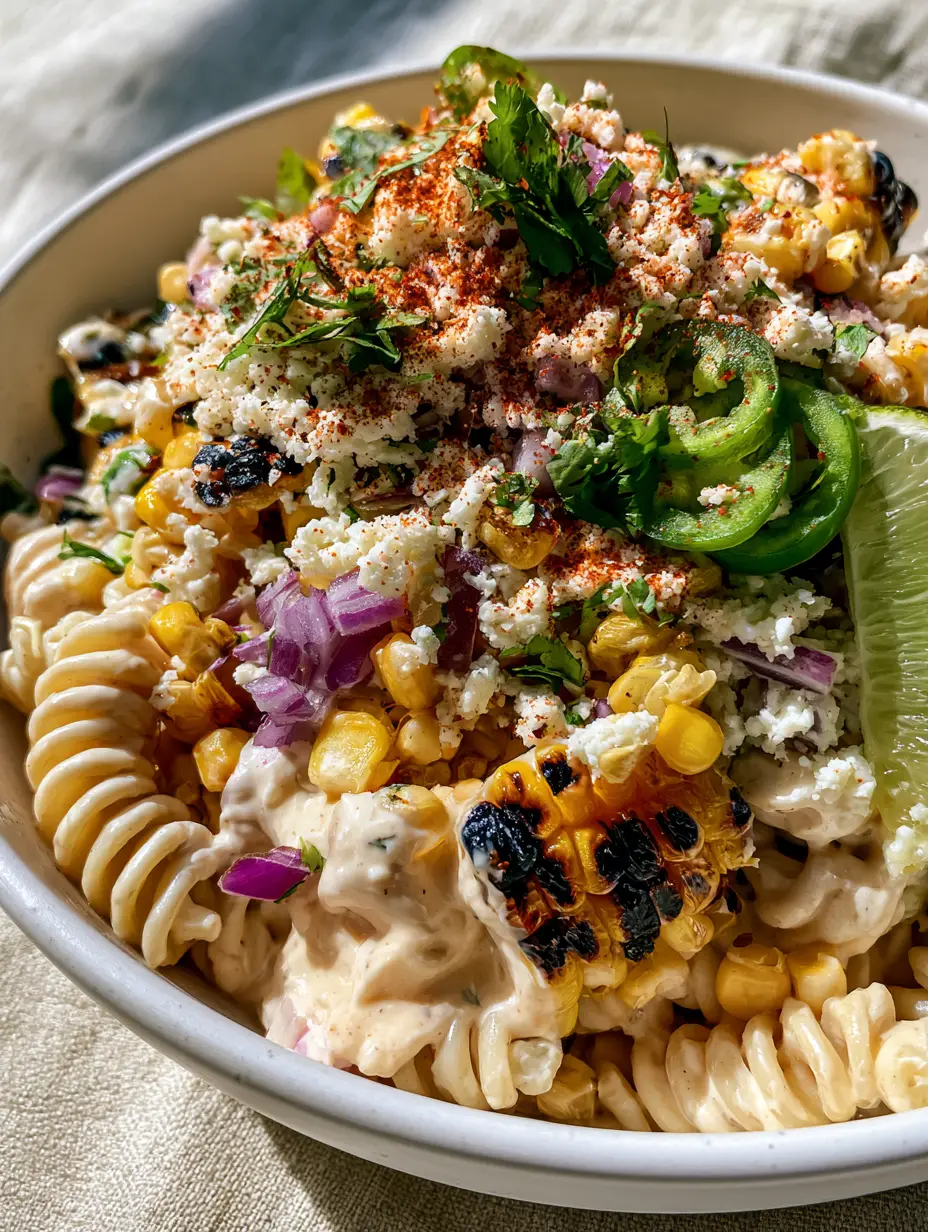 Close-up of rotini pasta coated in lime crema with charred corn and jalapeños (grilled corn elote pasta salad).