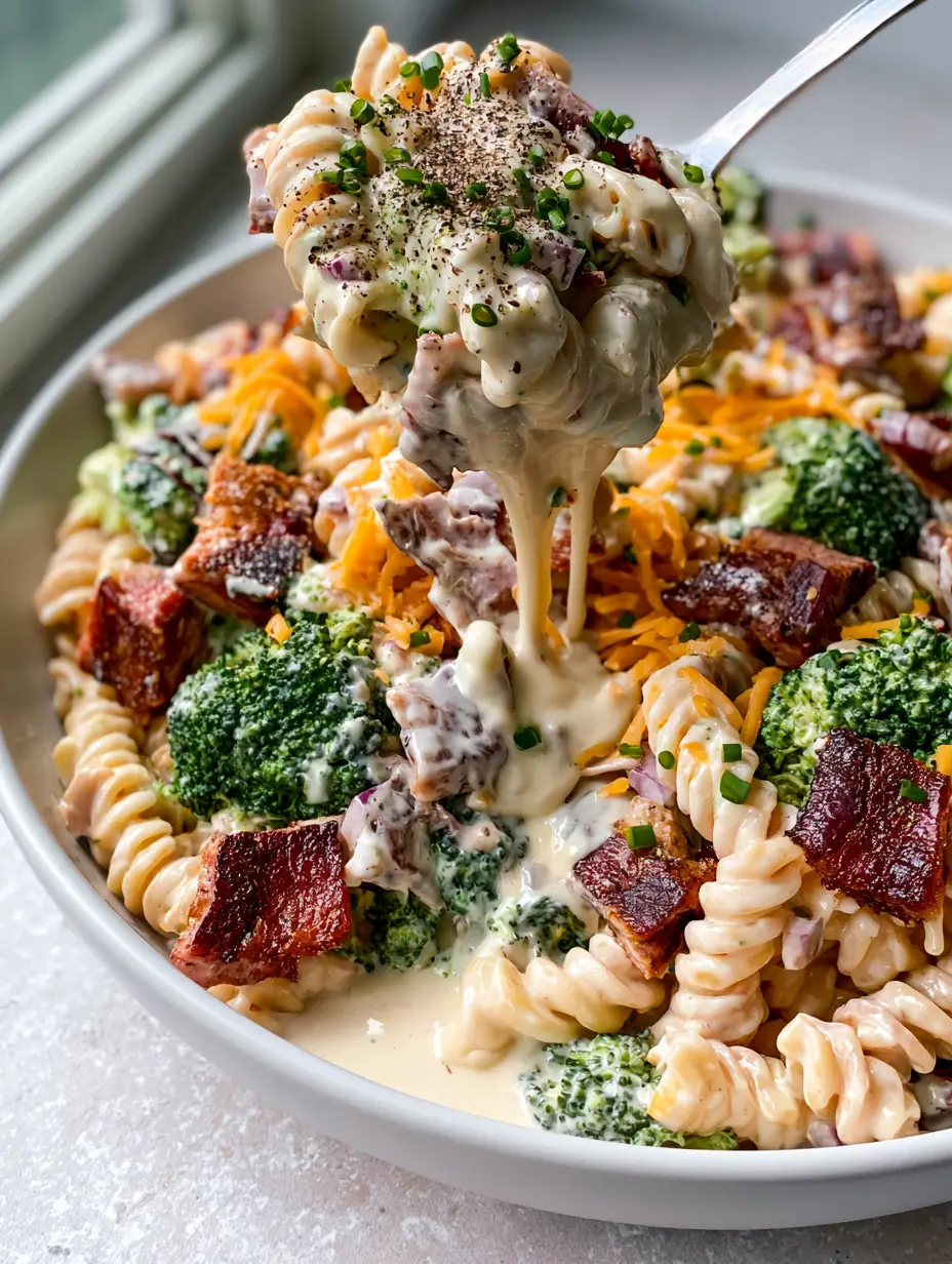 A smartphone photo of a wide ceramic bowl filled with creamy bacon broccoli pasta salad showing glossy dressing and emerald broccoli.