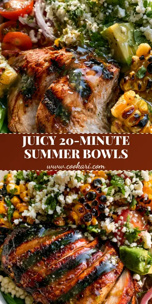 A vibrant top-down view of summer grilled chicken bowls featuring succulent charred chicken slices, pearl couscous, and blistered corn.