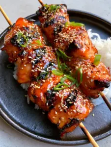 Extreme close-up of Sweet chili grilled chicken chunks showing bubbly, reflective orange-red glaze and blackened grill marks.