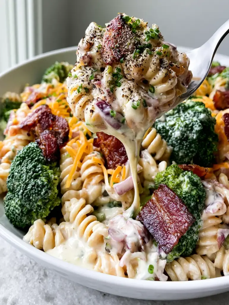 A silver spoon lifting a dripping portion of creamy bacon broccoli pasta salad with mahogany-colored bacon chunks.
